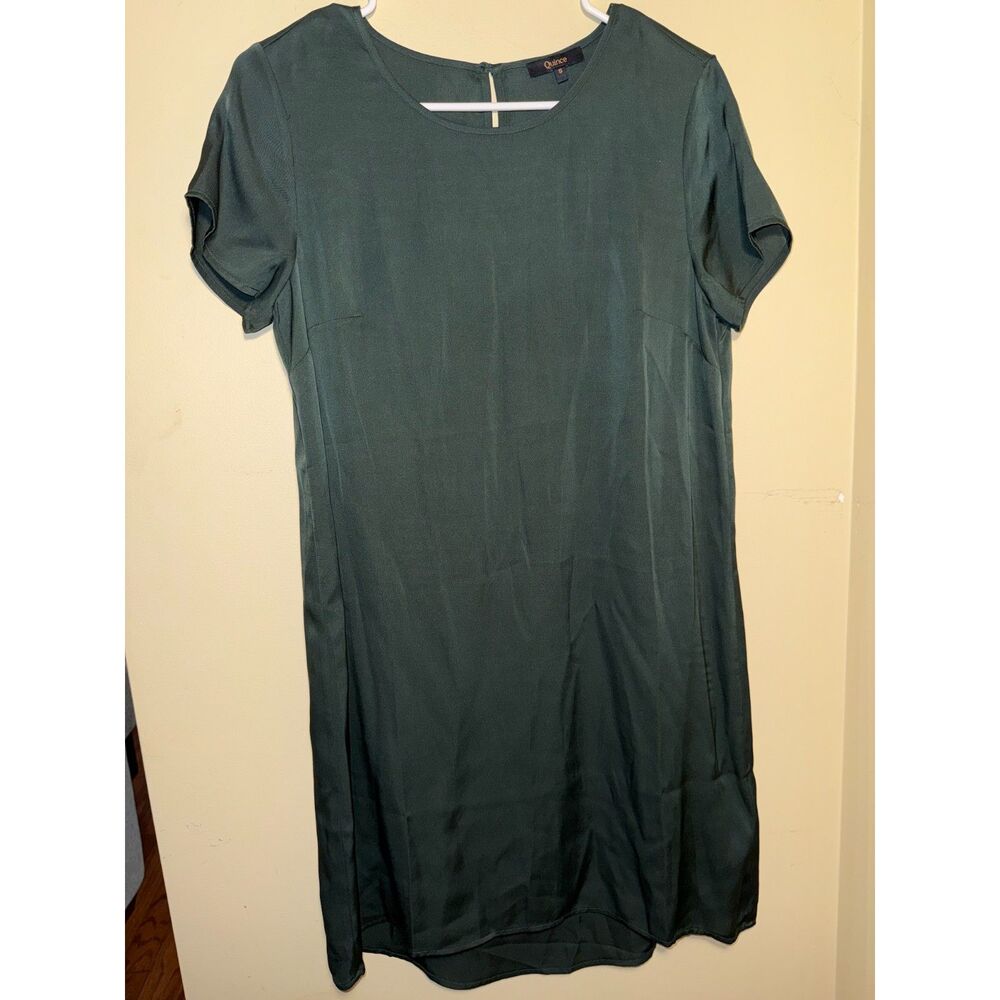 Quince Forest Green Washable Stretch Silk Tee Dress | Size Small | Quiet Luxury